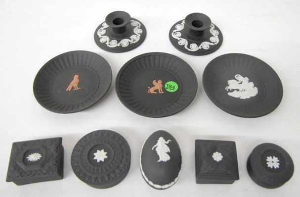 Group of 10 Wedgwood Jasperware Items: 10 Wedgwood Jasperware Items: with on black and 2 with terra cotta on black. All have boxes; all marks include Made in England. 1.) The ones with terra cotta have an Egyptian figure in the center, 4 5