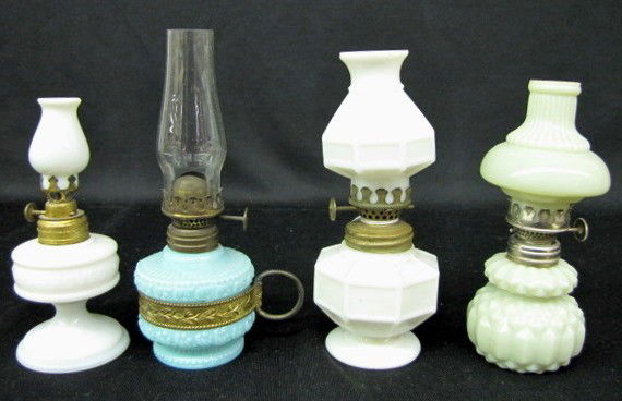4 Mini Milk Glass Kerosene Lamps: Green & Others: 4 Miniature Milk Glass Kerosene Lamps: 1.) Green milk glass with cone like base and bell type shade and acorn burner, 6". 2.) White milk glass "Improved Banner" with stars and milk glass chimney; old
