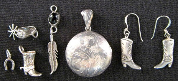 Sterling Locket, Earrings & Charms: Sterling Locket, Earrings & Charms: 1.) Locket with bright cut designs, marked HM925 2.) Pierced earrings, cowboy boot shape, marked 925 3.) Charm formed as a spur with spinning rowel, marked Ster. 4.