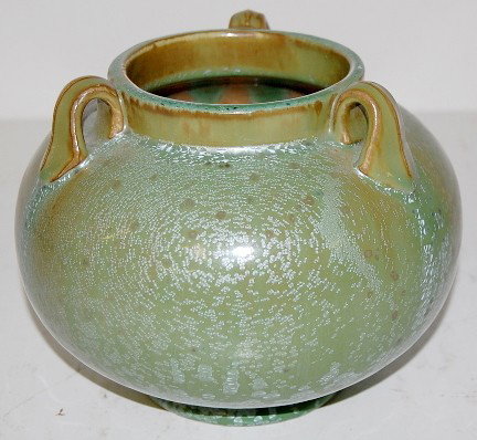Signed Fulper Pottery Vase w/3 Handles: Signed Fulper Pottery Vase w/3 Handles: heavily potted, which is the nature of Fulper. It has a light green crystalline glaze with intermingled light brown spots. No condition problems. 6 1/4" x 8 1/4