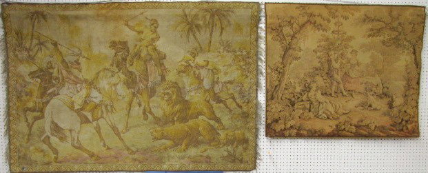 2 French Tapestry Wall Hangings: 2 French Tapestry Wall Hangings: both are marked as being of French origin. 1.) The largest depicts an Arabian caravan in close contact with a lion family. Men on horses and camels are attempting to e