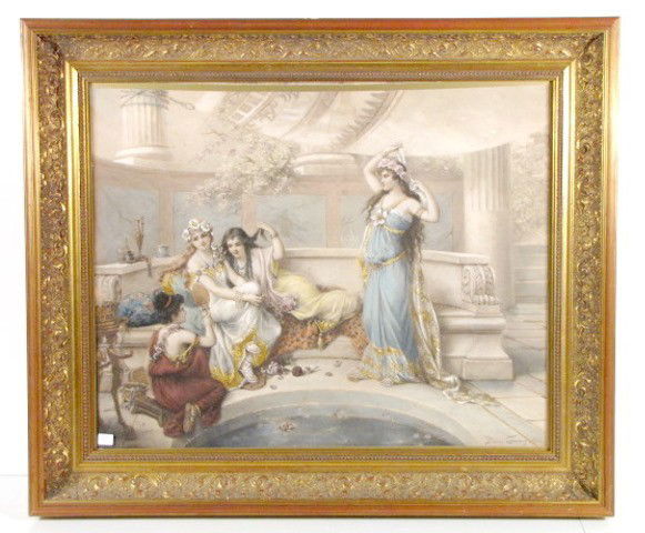 "Harem Girls" Heliographic Water Color by Coomans: "Harem Girls" Heliographic Water Color by Coomans: hand colored heliographic water color and gouache; signed by Diana Coomans, Paris; Belgium 1861-1952. Image 21" x 26 1/2"; Frame 28 1/2" x 33 3/8". A