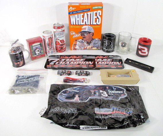 17 Dale Earnhardt Collectible Items : 17 Dale Earnhardt Collectible Items: license plates and cover; large pocket knife; 2 large cans of beer; Wheaties box; coffee mugs; tree ornament; shopping bag; lug nuts from Juniors car 2002; ink pen