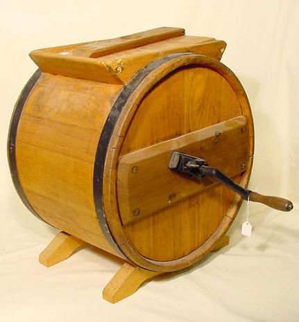 Table Top Wooden Butter Churn NR: Table top wooden butter churn with nice old refinish (Old green paint on one side; works; minor joint splits & normal signs of age; newer oak feet replaced some time ago) 17" T. x 15" W. x 12" D plus