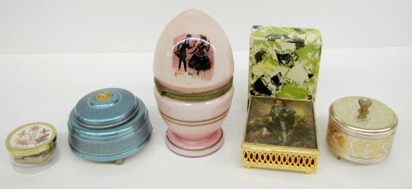 Czecho Cordial Set & Musical Dresser Boxes: Czecho Cordial Set & Musical Dresser Boxes: 1.) Pink glass with courting couple cordial set; complete with bottle 6 glasses. 2.) Metal musical powder box, plays "The Night is Young". 3.) Metal musical