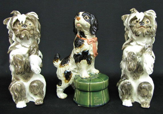 3 Large Porcelain Dog Figurines: 3 Large Porcelain Dog Figurines: 1.) Pair of shaggy Shih Tzu dogs, gray and white colored, 1 has an asterisk type blue mark on hind leg; the other has a V with a dash in it. (Second one has an as made