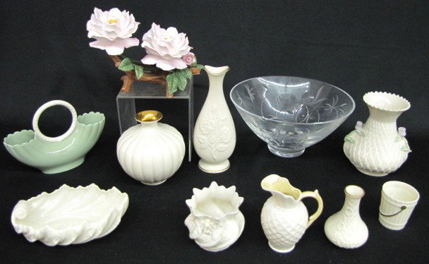 11 Belleek & Lenox China & Glass Collectibles: 11 Belleek & Lenox China & Glass Collectibles: 1.) Green mark Belleek thistle vase. 2.) Green mark Belleek cream pitcher. 3.) Green mark Belleek twisted pot with applied roses. 4.) Lenox clear cut cen