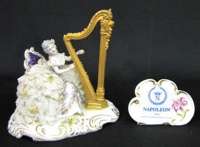 Porcelain Lace Dressed Lady & Porcelain Sign: Porcelain Lace Dressed Lady & Porcelain Sign: 1.) Capodimonte marked with crown and N; lady in lace dress playing a harp; applied floral to dress. (Loss to some of the ruffles on dress.) 3.) "Napoleon