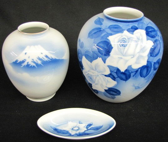 Group of 3 Blue & White China Items: Group of 3 Blue & White China Items: 1.) Rose decorated bulbous vase with blue mark. 2.) Mountain decorated bulbous vase with blue mark. 3.) Magnolia decorated sauce, marked B&G (Bing & Grondahl) Denm