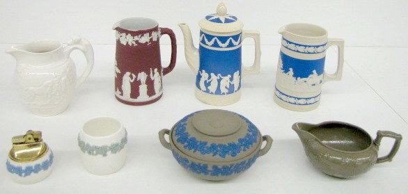 8 Wedgwood & Copeland Jasperware Collectibles: 8 Wedgwood & Copeland Jasperware Collectibles: 1.) Wedgwood crimson milk pitcher, classic scene. 2.) Wedgwood Etruria white milk pitcher, fox hunt. 3.) Wedgwood dark green covered bowl with band of bl