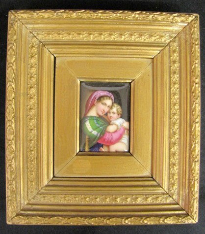 Josef Kaufman Madonna Dell Raphael Plaque: Josef Kaufman Madonna Dell Raphael Plaque: painted on porcelain in a gold frame; identified on the back. No condition problems. Plaque 3 3/4"; Frame 10 1/2" All items sell As Is, Where Is, no guarante