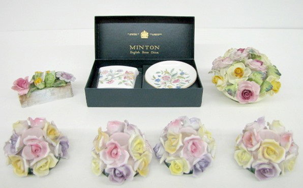 Minton & Bone China Floral Decorations: Minton & Bone China Floral Decorations: 1.) Minton English Bone China dish and vase, in original box. 2.) Old Royal Bone China rose novelty. 3.) Adderly Bone China floral novelty. 4.) 4 unmarked Bone 