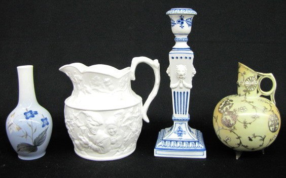 4 Royal Copenhagen & Other Ceramic Collectibles: 4 Royal Copenhagen & Other Ceramic Collectibles: 1.) Royal Copenhagen blue and white candlestick with molded lion heads. 2.) Unmarked Royal Worcester type bulbous ewer. 3.) White molded ceramic pitche