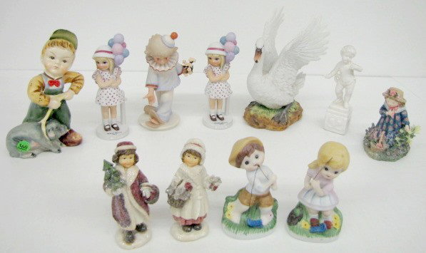 10 Bisque, Ceramic & Resin Collectible Figurines: 10 Bisque, Ceramic & Resin Collectible Figurines: 1.) Mute Swan by Andrea. 2.) 2 Balloon Girl by Margaret Keane. 3.) Japan ceramic boy with pig. 4.) Goebel 1983 Under the Big Top Series "The Spotlight