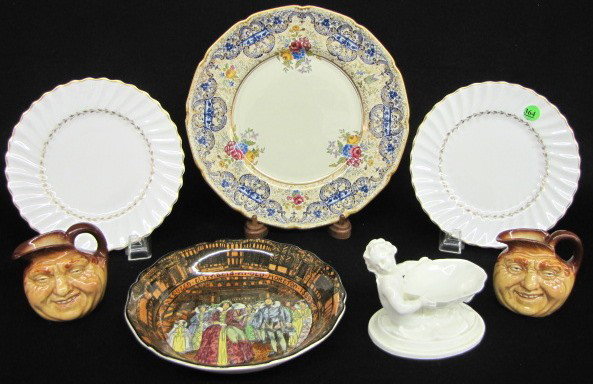 Group of 7 Royal Doulton & Royal Worcester Items: 7 Royal Doulton & Royal Worcester Items: 1.) Royal Doulton dinner plate; floral and cobalt border with gold floral overlay. 2.) 2 Royal Doulton plates "Adrian". 3.) Royal Doulton bowl, Queen Elizabeth