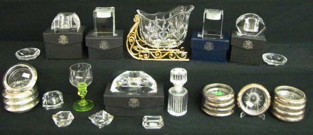 27 Crystal & Sterling Coasters, Votives & Others: 27 Crystal & Sterling Coasters, Votives & Other Glass: 1.) Set of 4 crystal and sterling coasters, marked Amston Sterling. 2.) Set of 9 crystal and sterling coasters, not marked. 3.) 5 Oleg Cassini cr