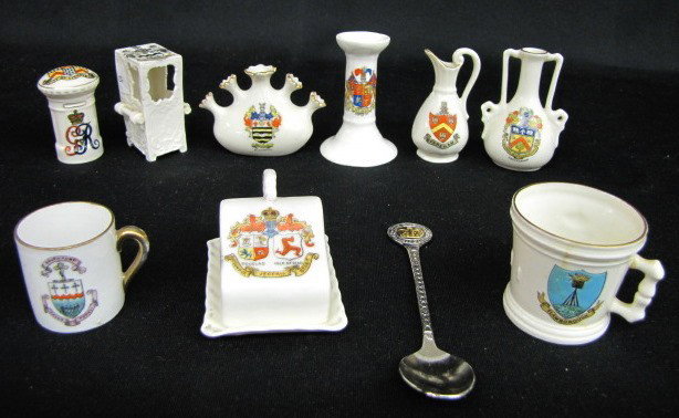 Group of 10 China English Souvenir Collectibles: 10 China English Souvenir Collectibles: 1.) Unmarked South Port cup. 2.) Flamborough mug "Model of Elizabethan Quart Measure, Now in the Old Bayle Gate Bridlington". 3.) Bemma Royal Crest candleholder