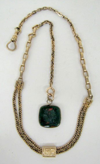 Antique Watch Fob Intaglio Lady Head: Antique Watch Fob Intaglio Lady Head: carved multi color agate? stone with graduated link. (Possible repair on slide area.) 18 1/2" overall; stone 3/4" All items sell As Is, Where Is, no guarantees of
