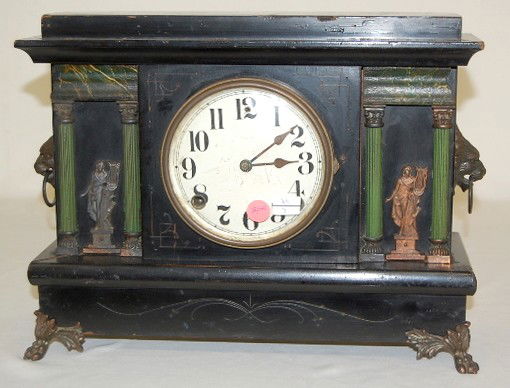 Sessions Black Mantle Clock w/Ladies & Lion Head: Sessions Black Mantle Clock w/Lady Figures & Lion Head: (Scuffs on case; new back.) All items sell As Is, Where Is, no guarantees of any kind. We accept Mastercard & Visa, no paypal, no personal check