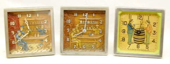 3 Lux Alarm Clocks Happy Days & Bar Scene: Group of 3 Lux Alarm Clocks: 1 Happy Days, animated; 2 bar scene clocks. 3 3/4" square All items sell As Is, Where Is, no guarantees of any kind. We accept Mastercard & Visa, no paypal, no personal ch