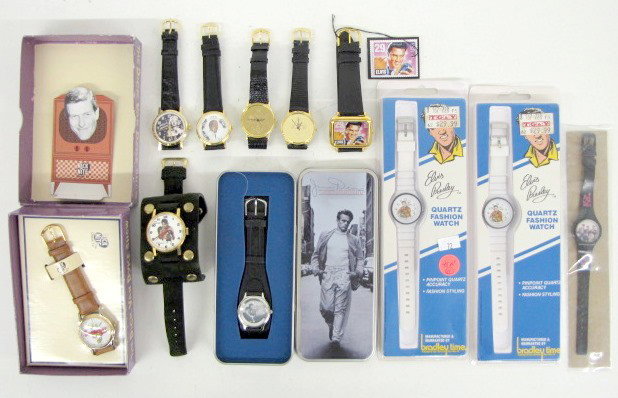 Group of 11 Famous People Wirst Watches: 11 Famous People Wirst Watches: 1.) 2 Bradley Time "Elvis Presley"; in original cell packs. 2.) James Dean 50th Anniversary; in original tin box. 3.) Nick at Nite "Dick Van Dyke Show"; in original box