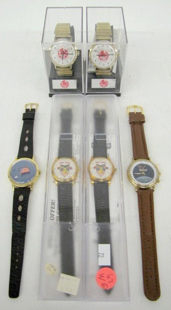 Group of 6 Military & Other Wrist Watches: 6 Military & Other Wrist Watches: 1.) 2 Sun Time Novelties Inc. West Point; black leather strap; both in original plastic case with papers. 2.) American Flag; black strap. 3.) 25th Anniversary Apollo 