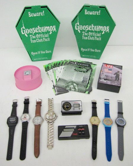 Group of 13 Advertising Wrist Watches & Clocks: 13 Advertising Wrist Watches & Clocks: 1.) Life Special Edition w.w.; "Life Goes to the Moon!"; original box. 2.) Mary Kay w.w.; pink snap strap; original box. 3.) Wittnauer Reader's Digest w.w.; orig