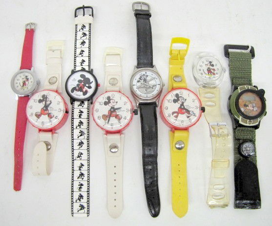 8 Disney Mickey Mouse Character Wrist Watches: 8 Disney Mickey Mouse Character Wrist Watches: 1.) Bradley Mickey Mouse, clear plastic strap. (1 side needs reattached.) 2.) Bradley Mickey Mouse, red leather strap. (Plastic bezel cracked.) 3.) Minni