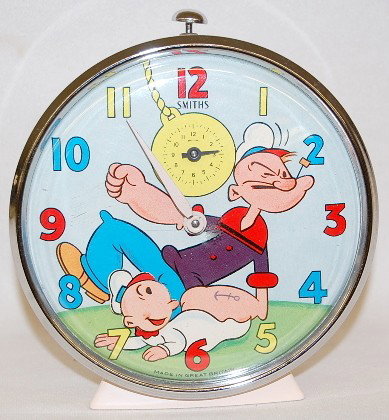 British Animated Popeye Cartoon Alarm Clock: British Animated Popeye Cartoon Alarm Clock: Smiths on the paper dial. (Not running.) All items sell As Is, Where Is, no guarantees of any kind. We accept Mastercard & Visa, no paypal, no personal che
