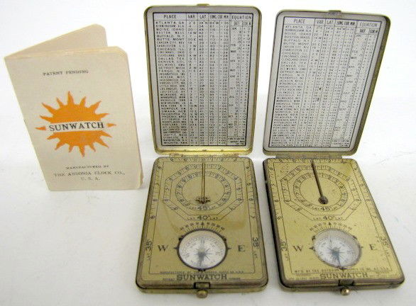 2 Ansonia Pocket Sun Watches: 2 Ansonia Pocket Sun Watches: with folding sundial and compass; 1 has original Ansonia instructions. (Both have expected roughness.) All items sell As Is, Where Is, no guarantees of any kind. We accep