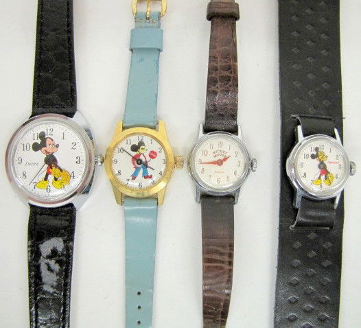 4 Mickey Mouse Collectible Wrist Watches: 4 Mickey Mouse Collectible Wrist Watches: 1 Ingersoll with figure; 1 Ingersoll with name; 1 Swiss; 1 Timex. All items sell As Is, Where Is, no guarantees of any kind. We accept Mastercard & Visa, no p