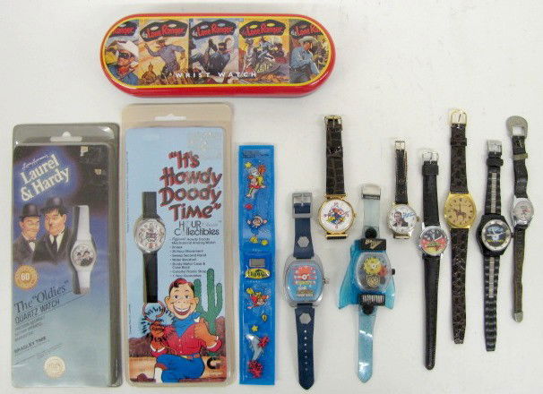 12 Television & Movie Character Wrist Watches: 12 Television & Movie Character Wrist Watches: 1.) The Lone Ranger; brown strap; original tin box. 2.) Selco A*belle Lonesome Dove; dark brown leather strap; original case with papers. 3.) Howdy Doody