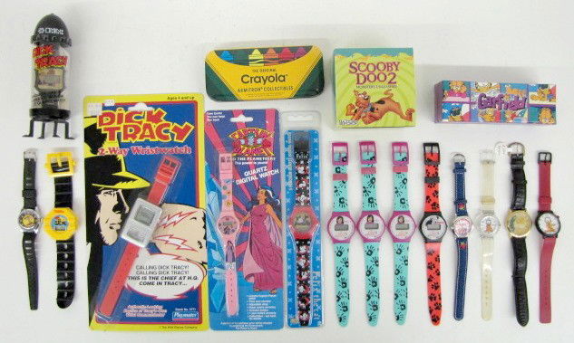 Group of 17 Character & Premium Wrist Watches: 17 Character & Premium Wrist Watches: 1.) Strawberry Shortcake; denim strap; original mailer with papers. 2.) Armitron Crayola; green plastic strap; original tin box with papers. 3.) Hot Wheels; black