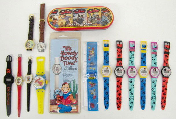 15 Television & Other Character Wrist Watches: 15 Television & Other Character Wrist Watches: 1.) The Lone Ranger; brown strap; original tin box. 2.) Flipper digital plastic; original mailer. 3.) "It's Howdy Doody Time"; white plastic strap; origi