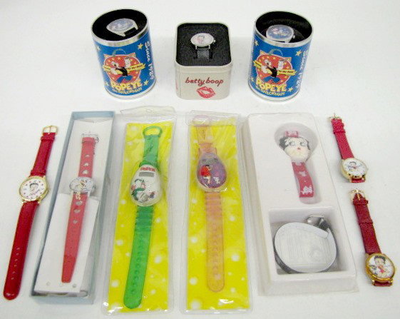10 Comic Wrist Watches: Betty Boop & Popeye: 10 Comic Character Wrist Watches: 1.) 7 Betty Boop: Betty Boop with red strap with hearts cutout; Betty Boop with red leather strap; Betty Boop digital with floating heart; 2 Betty Boop digital with f