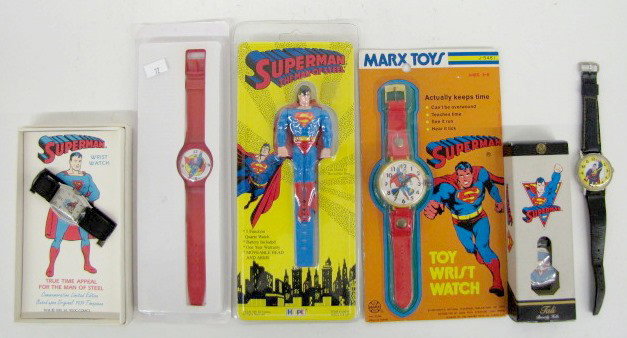 Group of 6 Superman Character Wrist Watches: 6 Superman Character Wrist Watches: 1.) 1993 TM DC Comics Superman, based on the original 1939 timepiece; in original box. 2.) Tali, Beverly Hills Superman watch; original box. 3.) 1977 DC Comics Supe