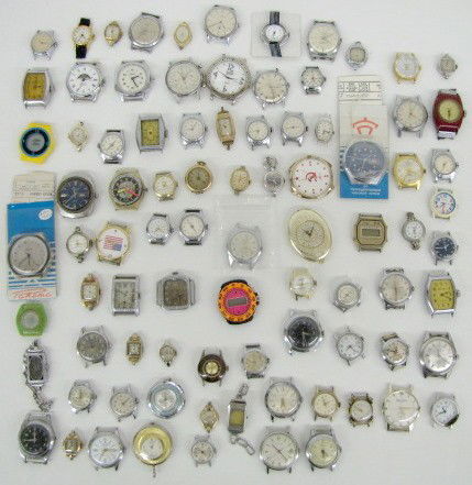 Approx. 85 Men's & Women's Watch Dials: Approx. 85 Men's & Women's Watch Dials Only, No Straps: includes Timex; Caravelle; Baylor; Ingraham Wrist-o-crat; Pulsar; Bulova, and many others. Analog and digital. Elgin #5708A case and box only, n