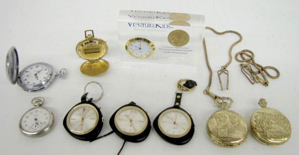 Group of 9 Pocket Watches & Others: 9 Pocket Watches & Others: Armitron digital alarm watch in original box with papers; 2 Luxury Anti-Magnetic pocket watches with Generals Robert E. Lee and Ulysses S. Grant and a Confederate flag with