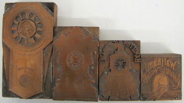 Group of 4 Clock & Watch Printing Blocks: 4 Clock & Watch Printing Blocks: 1.) Hamilton High Grade Watches; depicting a train with a double dial watch face. 2.) Waltham Railway Watches; depicting a train emerging from a brick tunnel. 3.) Regu
