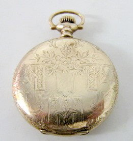 Elgin Ladies 7J Hunting Case Pocket Watch: Elgin Ladies 7J Hunting Case Pocket Watch: serial number 13825224 in a 25 year Crescent case # 1804204; 2nds bit; floral and shield engraved case. (Plastic bezel scratched; broken balance; does not wa