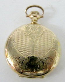 Hampden 17J Ladies Hunting Case Pocket Watch: Hampden 17J Ladies Hunting Case Pocket Watch: marked The Four Hundred, Canton, O. serial number 2696294 in a 20 year Dueber Special Case # 253459; dust cover engraved Harriet Champagne 1912; outer cas