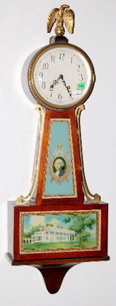 Plymouth Geo. Washington & Mt Vernon Banjo Clock: Plymouth George Washington & Mt Vernon Banjo Clock: time and strike; eagle top; key and pendulum. 21" All items sell As Is, Where Is, no guarantees of any kind. We accept Mastercard & Visa, no paypal,