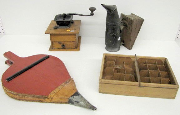 Antique Coffee Grinder, Bellows, Bee Smoker +: - Antique Coffee Grinder, Bellows, Bee Smoker & Egg Crate: 1.) Cast iron and wood coffee grinder, no mark; appears complete. 2.) Primitive bellows, looks all original, but most likely has been repaint