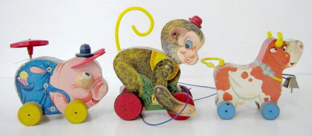 Fisher Price Pull Toys: Pig, Monkey & Boss Bell: - 3 Fisher Price Animal Pull Toys: 1.) #695 Pinky Pig. (Wear to edges; no string; hat brim partially broken off.) 5 1/2" x 6" 2.) #798 Chatter Monkey; all original and complete. (Wear to edges; does n