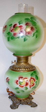 Antique Floral GWTW Lamp, Electrified: - Antique Floral Decorated Gone with the Wind Lamp: electrified; wick turner marked Made in United States of America; ball shade matches base; has chimney. No condition problems. 19 1/2" to top of bal