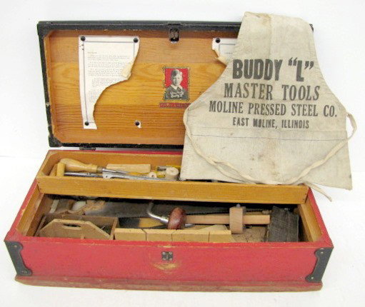 Antique Buddy L Toy Tool Chest & Tools w/Label: - Buddy L Toy Tool Chest & Tools: wooden chest has original label inside of lid; original decoration on the outside of lid. Contents include: Buddy L padlock; Buddy L pliers; Buddy L saw; Buddy L apro