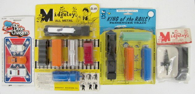Midgetoy Sets w/Original Packages, Trains +: - Midgetoy Sets in Original Packaging, Trains, Army Truck: all in original packaging; all toys mint. 1.) No. 550 The Dixie Chargers. 2.) Midge Toy all metal train. 3.) Midge Toy King of the Rails Pass