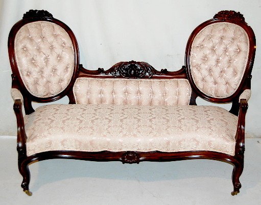 Rosewood Carved Balloon Back Loveseat: - Rosewood Carved Balloon Back Loveseat; exact match to 219. *** Please note, this item is F.O.B. Marshalltown, IA, you must make shipping arrangements. All items sell As Is, Where Is, no guarantees o