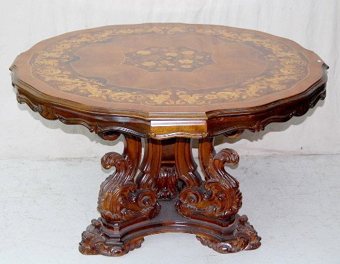 1950's Marquetry Inlaid Dining Room Table: - 1950's Marquetry Inlaid Dining Room Table w/3 Supports 31" t x 49" diameter *** Please note, this item is F.O.B. Marshalltown, IA, you must make shipping arrangements. All items sell As Is, Where Is