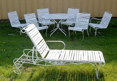 8 pc Iron Patio Furniture, Chaise, Table & Chairs: - 8 Piece Iron Patio Furniture: 6 chairs, table and chaise lounge. *** Please note, this item is F.O.B. Marshalltown, IA, you must make shipping arrangements. All items sell As Is, Where Is, no guaran
